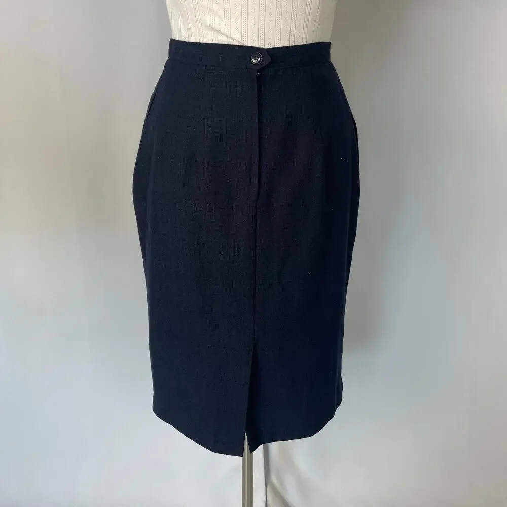 Vintage Midi Skirt Size 10 Navy Blue Minimal Secretary Retro High Rise 80s 90s